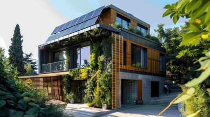 Obraz premium Suburban contemporary home with a vertical garden and solar panels on the roof, demonstrating sustainability