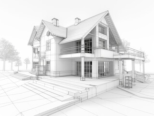 Exterior renovation wireframe banner for home architecture project, combining realism and structure