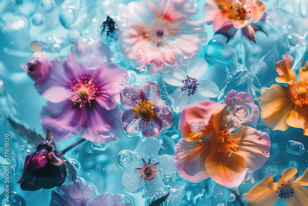 Poster a close-up view of a bouquet of flowers submerged in water, perfect for use as a decorative or backg