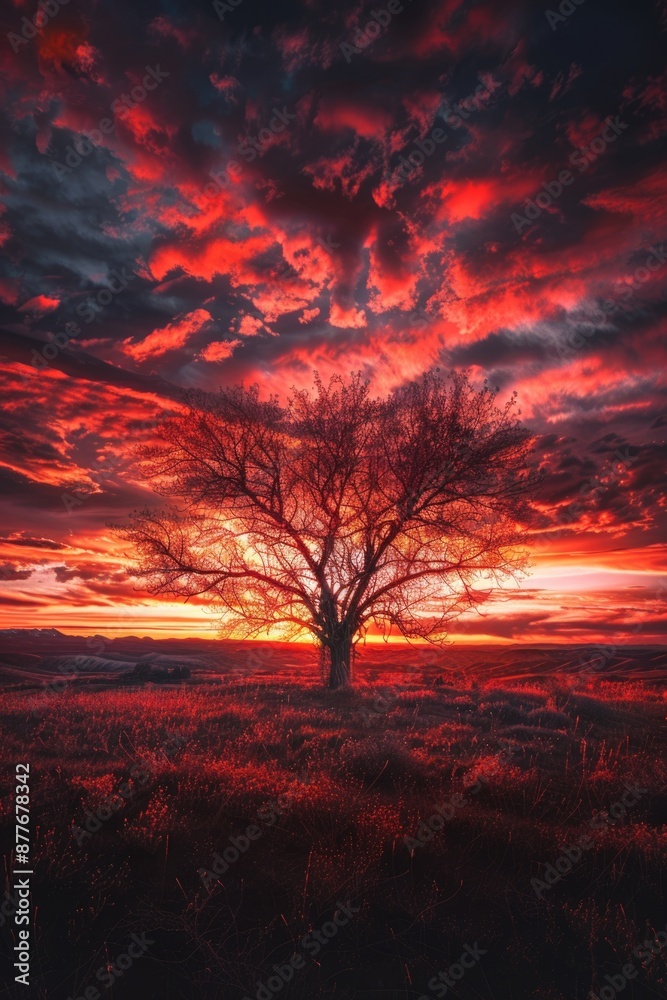 Poster A single tree stands tall in a vast open field as the sun sets in the background, creating a beautiful and peaceful scene