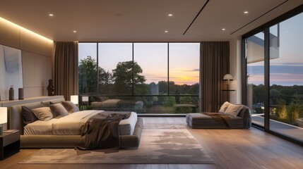 Fototapeta premium Suburban contemporary master suite with a floor-to-ceiling panoramic window and minimalist decor