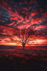 Fototapeta premium A single tree stands tall in a vast open field as the sun sets in the background, creating a beautiful and peaceful scene