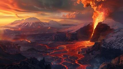 Fototapeta premium Molten Fury: A Volcanic Eruption Engulfs the Landscape in Fiery Splendor