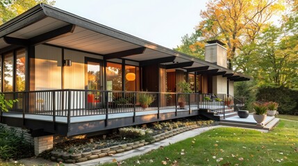 Suburban mid-century modern home with a large front porch and custom-designed railings