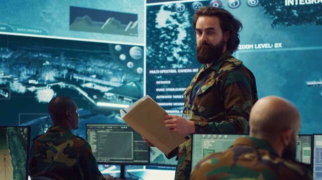 Army major reads operation details from a case file in a control center military headquarters, manages personnel and resources for logistical or operational missions. Task force command. Camera A.