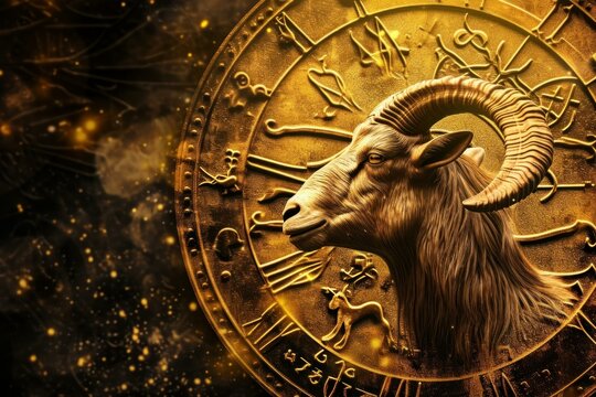 3d illustration of an intricately detailed golden aries ram on an astrological wheel with a cosmic backdrop