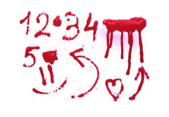 Different symbols made with red spray paint isolated on white, top view
