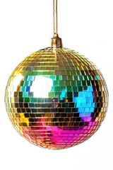 A shiny disco ball is hung from a rope in a dark room, lit by a single spotlight