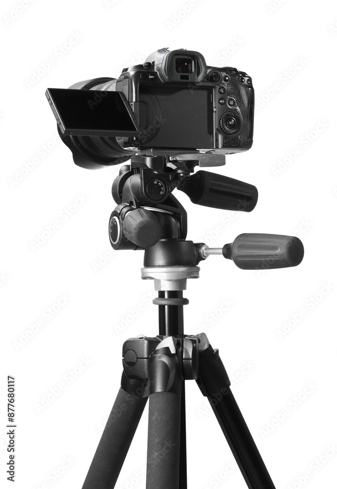 Wall mural Modern camera with tripod isolated on white. Photographer's equipment