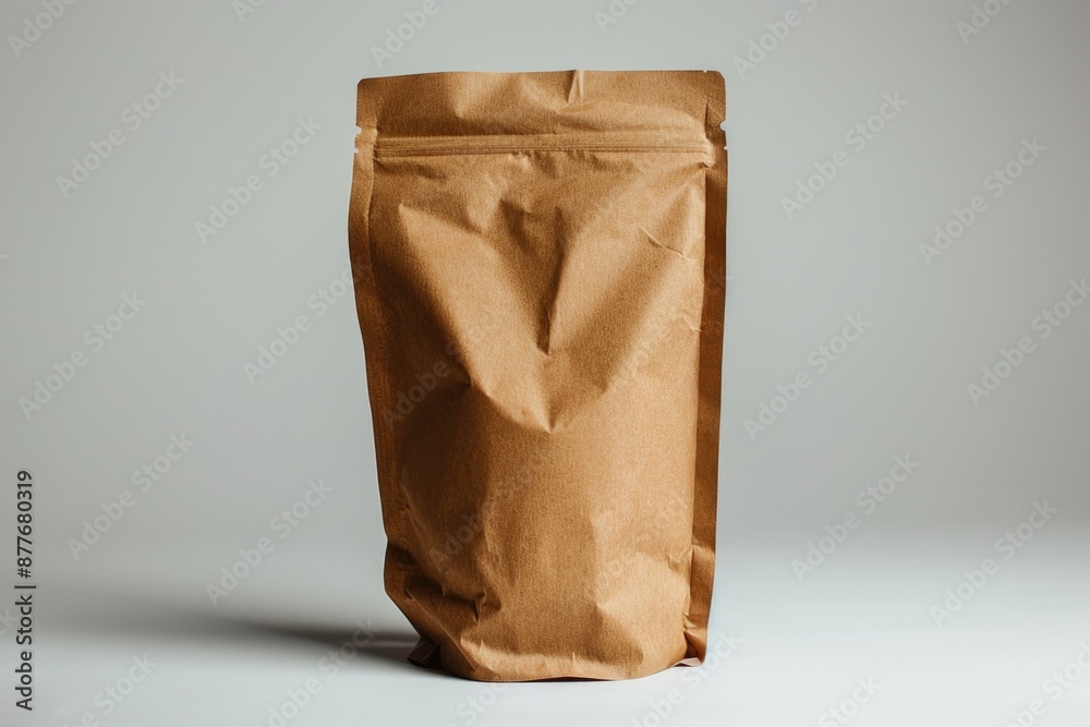 Poster a brown paper bag sitting on a table, suitable for use in still life photography or as a prop in var