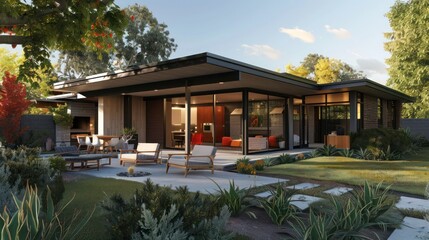 Fototapeta premium Suburban mid-century modern home with a seamless indoor-outdoor transition and a covered patio area