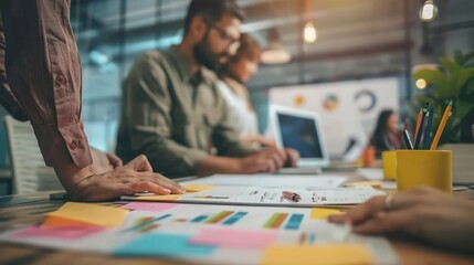 Diverse Team Collaborating at Desk with Whiteboard, Copy Space for Ideas.