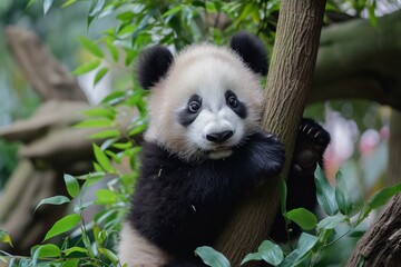 Fototapeta premium Cute panda cub with expressive eyes hugs a tree amidst lush foliage