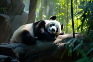 Fototapeta premium Peaceful giant panda lounges on a log in a tranquil forest setting, basking in a beam of sunlight