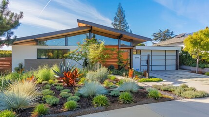 Suburban mid-century modern home with a front garden designed around native plant species and ecological sustainability