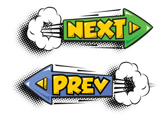 Next and previous button icon. Web buttons with arrows prev and next in comic style. Vector cartoon illustration on transparent background