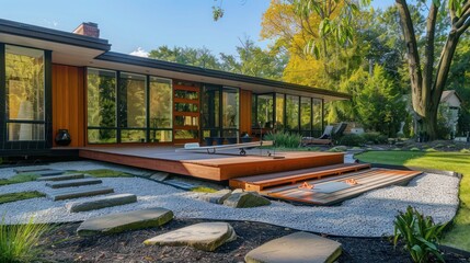 Suburban mid-century modern home with an outdoor yoga platform, surrounded by Zen-inspired landscaping
