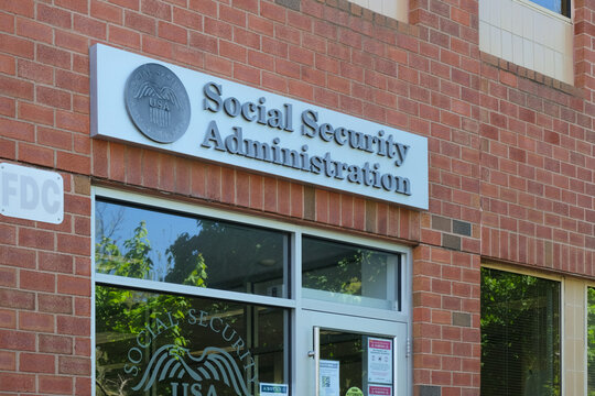 Massachusetts, USA - 10 May 2024. General view of Social Security Administration building logo sign 