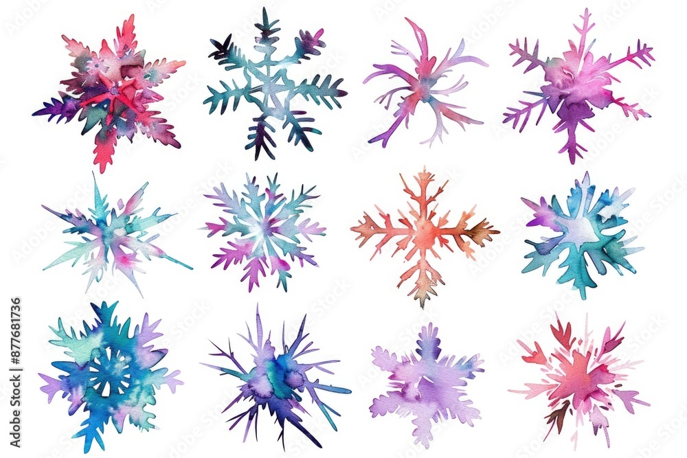 Poster a close-up view of individual snowflakes on a clean white surface, ideal for winter-themed designs a