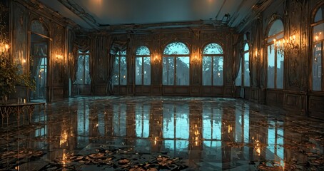 Fototapeta premium palace interior of room floral embellishments ballroom and windows at night. elegant mansion gothic baroque castle decor and victorian style. candles and chandelier lighting.