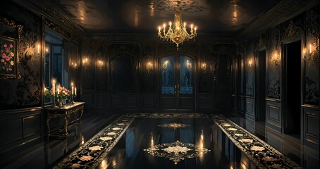 dark black ballroom room interior of gothic palace castle mansion with floral embellishments and filigree ornamental decor at night. hallway with door to balcony city view and candles chandelier.