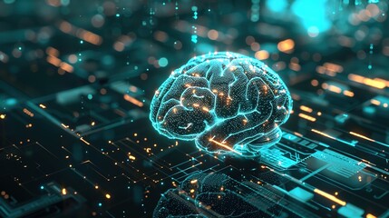 An abstract representation of an AI brain in a digital environment, with blank areas ideal for inserting messages or branding. 