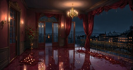 Obraz premium patio terrace balcony of mansion palace castle with city cityscape view at night. chandelier, candles, and flowers with floral embellishments and ornamental decor.