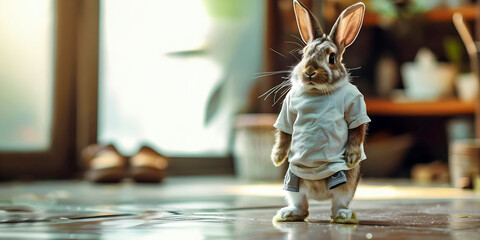 Obraz premium easter clothed bunny in the lounge, ai generated.