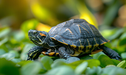 Fototapeta premium Adorable Little Turtle Crawling through the Garden Grass