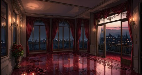 patio terrace balcony of mansion palace castle with city cityscape view at night. chandelier, candles, and flowers with floral embellishments and ornamental decor.