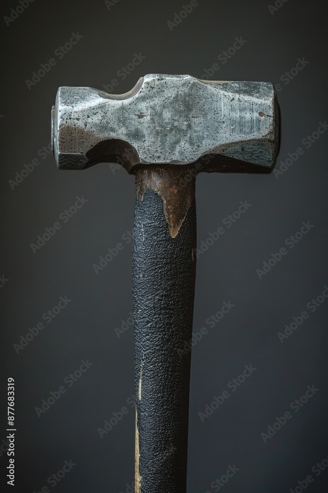 Poster a hammer is stuck in a piece of wood, with the handle visible and the head lodged firmly into the ma