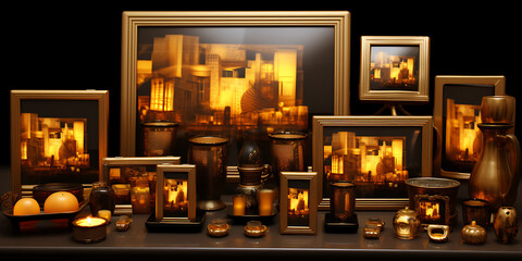 Golden framed pictures, candles, and vases create a warm and inviting atmosphere perfect for a cozy home decor. 