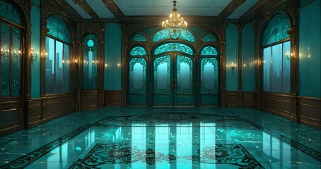 blue green lobby room interior of mansion palace hotel building. door walkway art nuevo gothic turquoise and gold ornamental style with candles and deco symmetrical detailing.