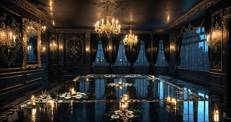 dark black ballroom room interior of gothic palace castle mansion with floral embellishments and filigree ornamental decor at night. hallway with door to balcony city view and candles chandelier.