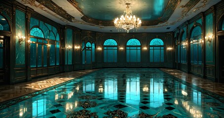 interior of palace room hall mansion mosque museum castle. turquoise blue green and gold gothic baroque design and decor with floral embellishments and ornaments. luxury house.