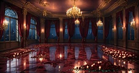 Fototapeta premium red room ballroom palace mansion interior of castle with candles, flowers, and windows. reflective stone polished floors and floral embellishments with gothic style decor. 