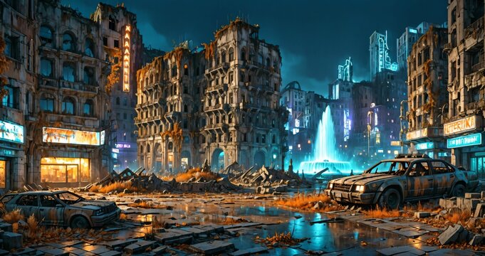 fountain in abandoned dystopian post apocalyptic city town ruins at night in autumn. broken damaged and overgrown buildings in town square downtown. - Powered by Adobe