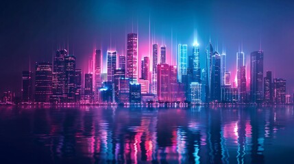 Fototapeta premium Futuristic cyberpunk cityscape reflecting on water at night