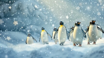 A group of penguins navigating through a snowstorm, the snowflakes swirling around them, their determined expressions highlighting their resilience against the elements.