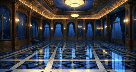 Obraz premium castle palace ballroom room interior in cobalt blue and gold. royal design and decor with embellishments and gothic style. luxurious mansion.