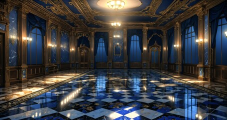 castle palace ballroom room interior in cobalt blue and gold. royal design and decor with embellishments and gothic style. luxurious mansion.