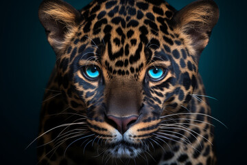 Obraz premium Close up of a beautiful leopard with blue eyes isolated on a dark background