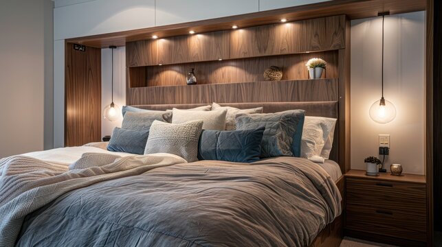 Contemporary suburban bedroom with a large, custom headboard that incorporates built-in nightlights and storage