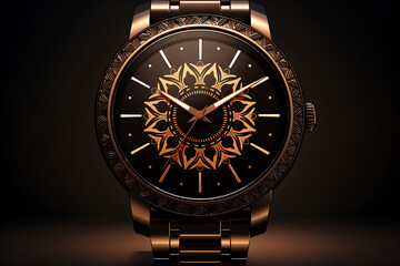 A luxurious gold  watch with intricate details,  a  black  face, and  a  golden  mandala design.  