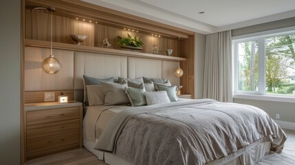 Contemporary suburban bedroom with a large, custom headboard that incorporates built-in nightlights and storage