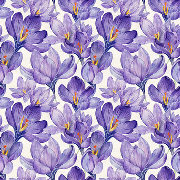 Seamless pattern purple crocuses saffron watercolor illustration on white background
