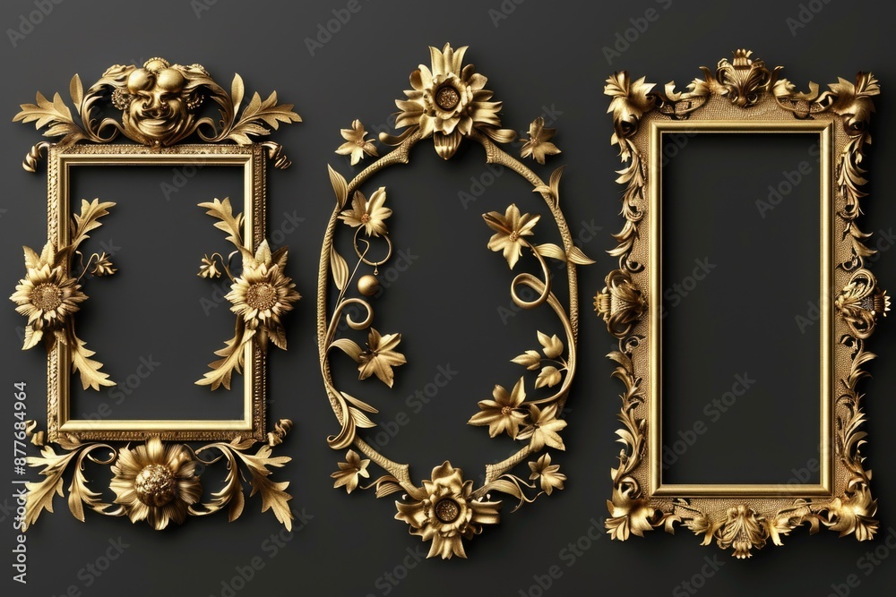 Aufkleber a collection of three ornate gold frames mounted on a wall, suitable for use in interior design or d