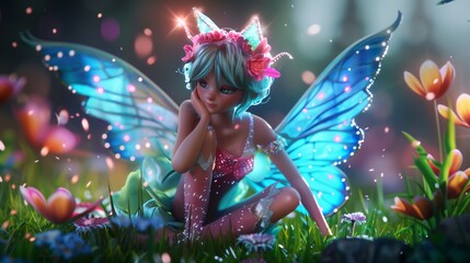Fototapeta premium Beautiful fairy with blue wings sitting in enchanted forest