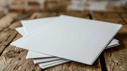 Fototapeta premium A stack of white paper. The paper is on a wooden table