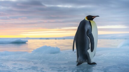 A lone King penguin standing majestically on an ice floe, with the endless, frozen horizon stretching out behind it, under a sky painted with the soft hues of a polar sunrise.